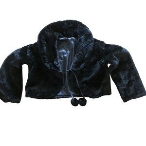 Girls Shrug Jacket Faux Fur Black  Satin Lining & Pom-Pom Ties Girls Large